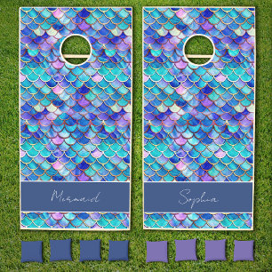 Colorful Mermaid Scales Pattern Little Girls Name Cornhole Set
