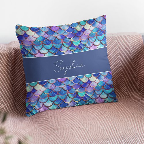 Colorful Mermaid Scales Pattern Little Girls Name Throw Pillow