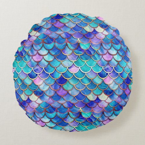 Colorful Mermaid Scales Pattern Little Girls Round Pillow