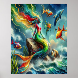 Colorful Mermaid Seated on Rocky Shore 16x20 Poster