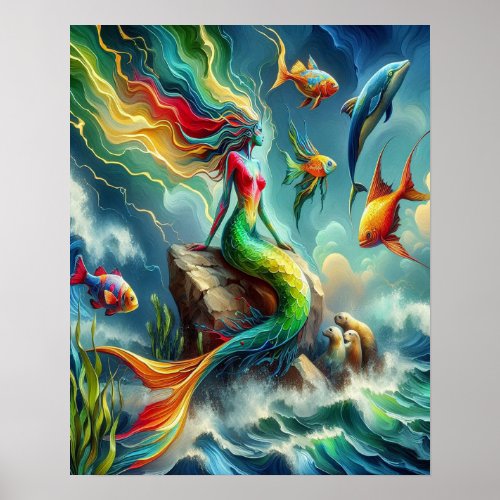 Colorful Mermaid Seated on Rocky Shore  16x20 Poster