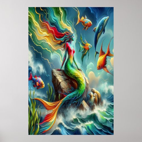 Colorful Mermaid Seated on Rocky Shore  24x36 Poster