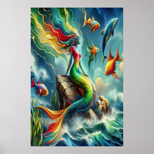Colorful Mermaid Seated on Rocky Shore  24x36 Poster (Front)