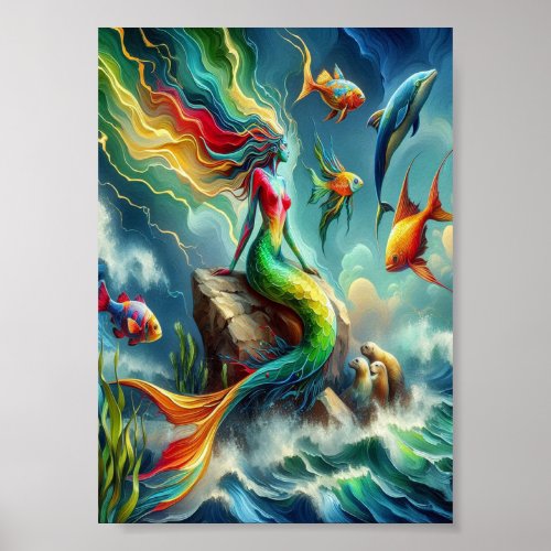 Colorful Mermaid Seated on Rocky Shore  5x7 Poster