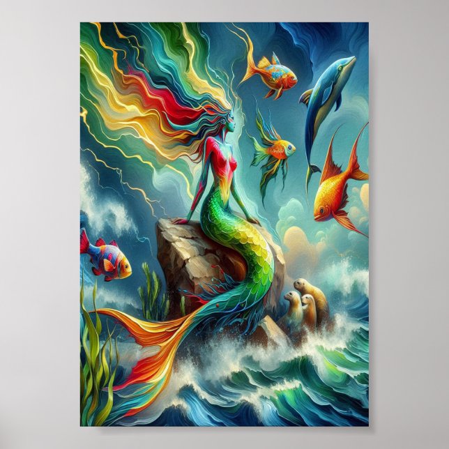Colorful Mermaid Seated on Rocky Shore  5x7 Poster (Front)