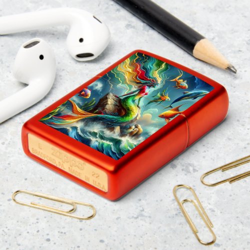 Colorful Mermaid Seated on Rocky Shore Zippo Lighter