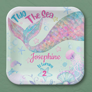 Colorful Mermaid second birthday square Paper Plates