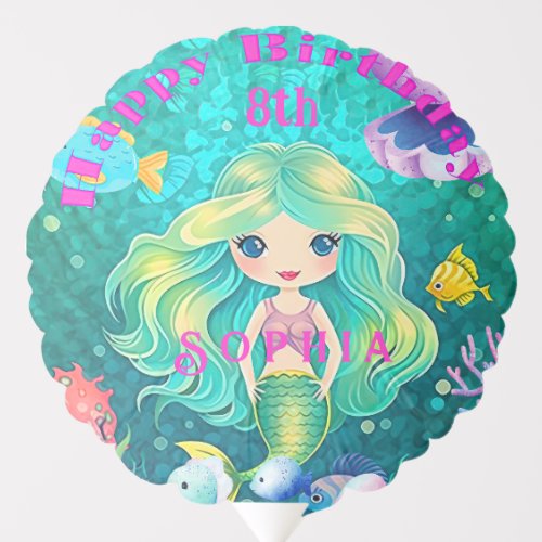 Colorful Mermaid Themed Happy Birthday Banner Balloon