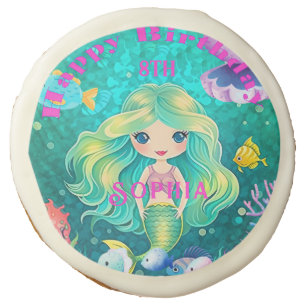 Colorful Mermaid Themed Happy Birthday Party Sugar Cookie