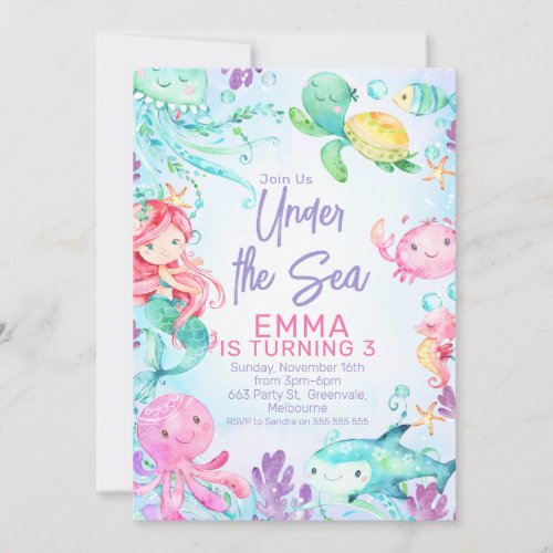 Colorful Mermaid Under the Sea Birthday Invitation