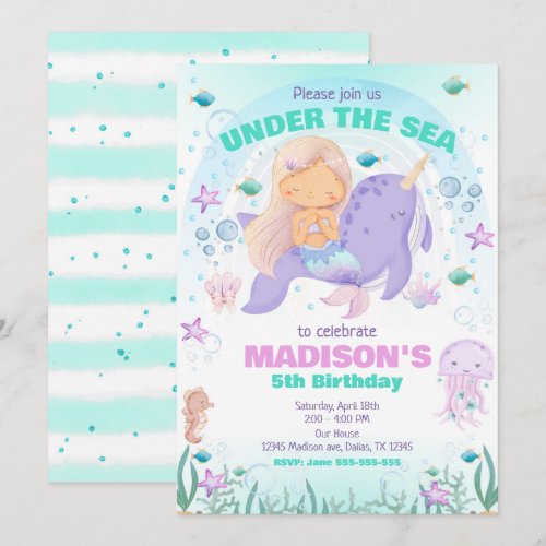 Colorful Mermaid Under the Sea Birthday  Invitation