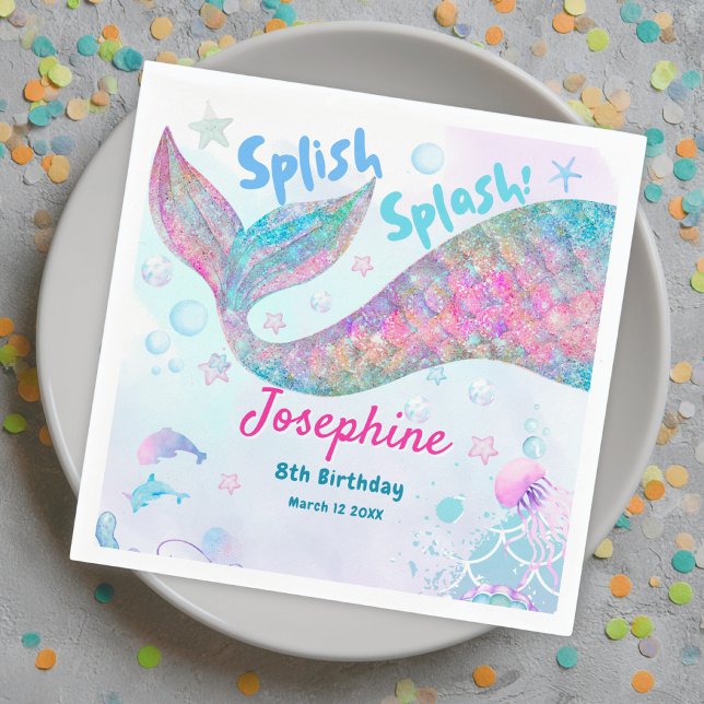 Colorful Mermaid watercolor birthday custom Napkins (Creator Uploaded)