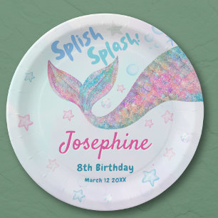 Colorful Mermaid watercolor birthday Paper Plates