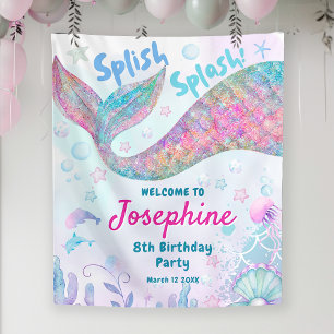 Colorful Mermaid watercolor birthday welcome sign Tapestry