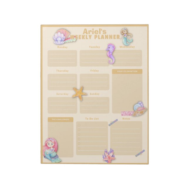 Colorful Mermaid Weekly Calendar Notepad (Rotated)