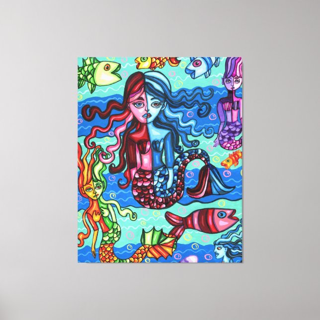 Colorful Mermaids Fish Abstract Original Painting Canvas Print (Front)