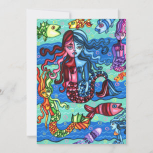 Colorful Mermaids Fish Abstract Original Painting Holiday Card