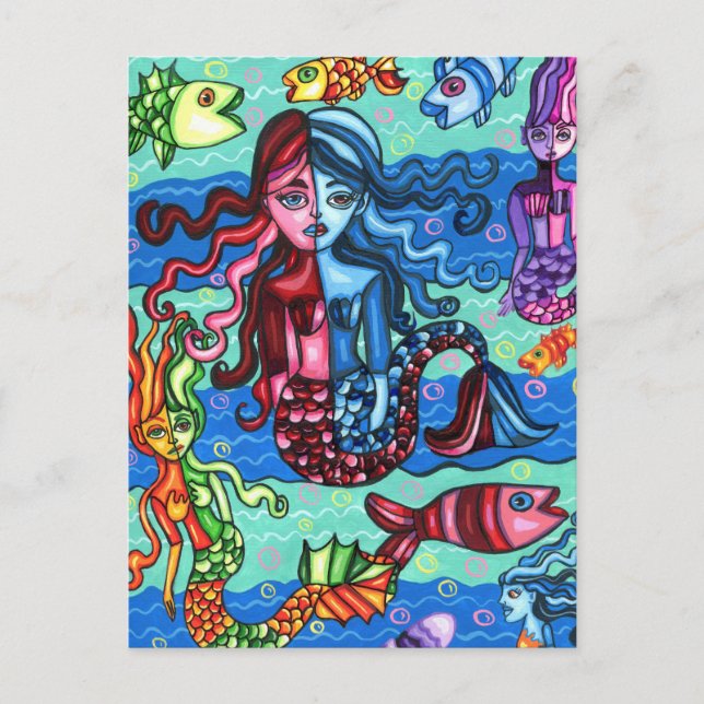 Colorful Mermaids Fish Abstract Original Painting Postcard (Front)