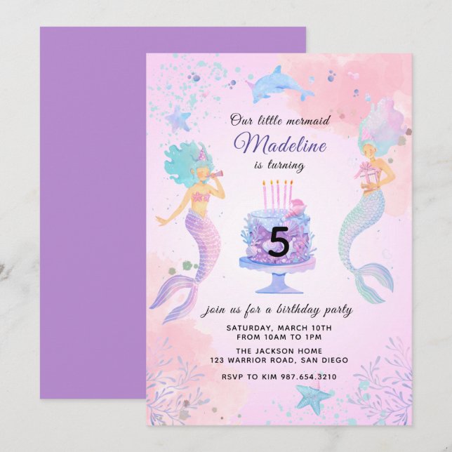 Colorful Mermaids Under The Sea Birthday Party Invitation (Front/Back)