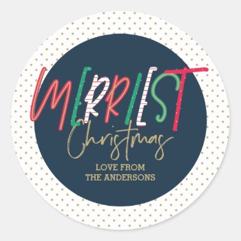 Colorful Merriest Christmas Classic Round Sticker by blush_printables at Zazzle