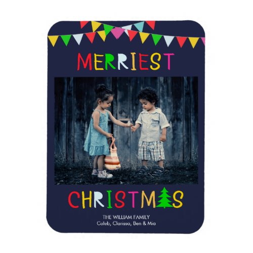 Colorful Merriest Christmas Personalize Navy Photo Magnet