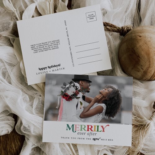Colorful Merrily Ever After Newlywed Thank You Holiday Postcard