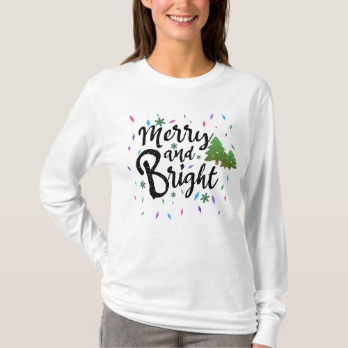 Colorful Merry And Bright Christmas Typography T_Shirt