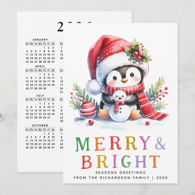Colorful Merry and Bright Cute Penguin Christmas Holiday Card (Front/Back)