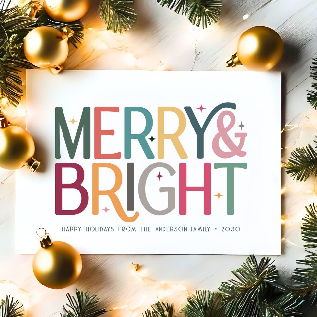 Colorful Merry and Bright Cute Retro Stars Holiday Card (Creator Uploaded)