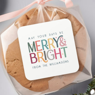 Colorful Merry and Bright Cute Retro Stars Holiday Square Sticker