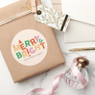 Colorful Merry and Bright Family Classic Round Sticker