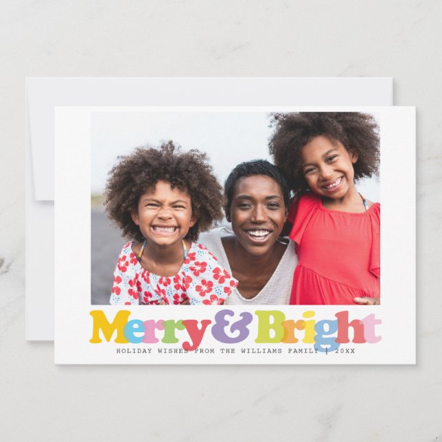 Colorful Merry And Bright Family Photo Christmas Holiday Card (Front)