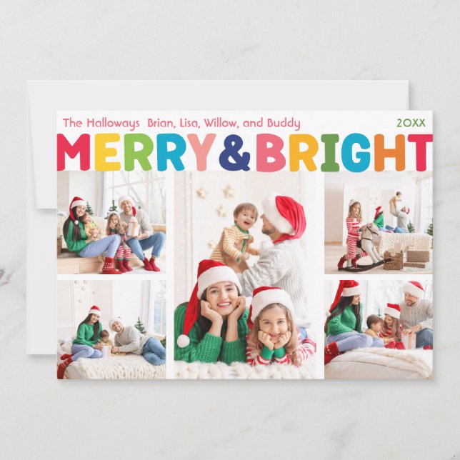Colorful Merry and Bright Five Photo Holiday Card (Front)