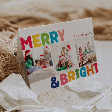 Colorful Merry and Bright Folded Three Photo Holiday Card