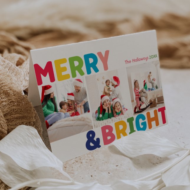 Colorful Merry and Bright Folded Three Photo Holiday Card (Creator Uploaded)