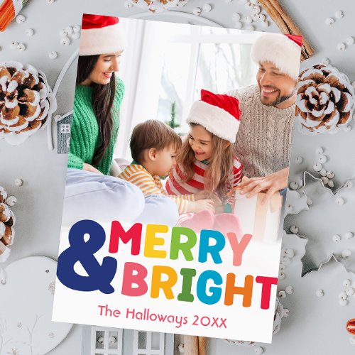 Colorful Merry and Bright Full Vertical Photo Holiday Card