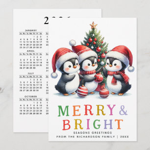 Colorful Merry and Bright Fun Penguins Christmas Holiday Card