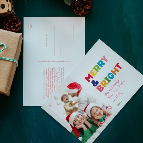 Colorful Merry and Bright One Photo Holiday Postcard