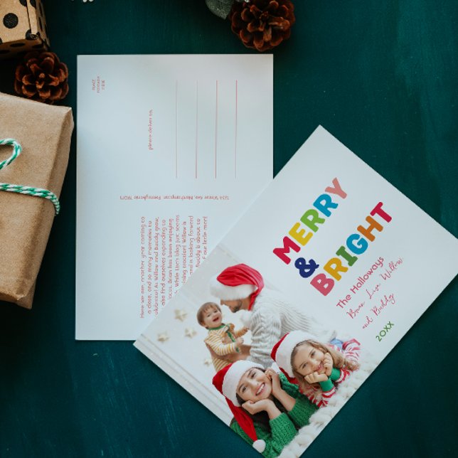 Colorful Merry and Bright One Photo Holiday Postcard (Creator Uploaded)