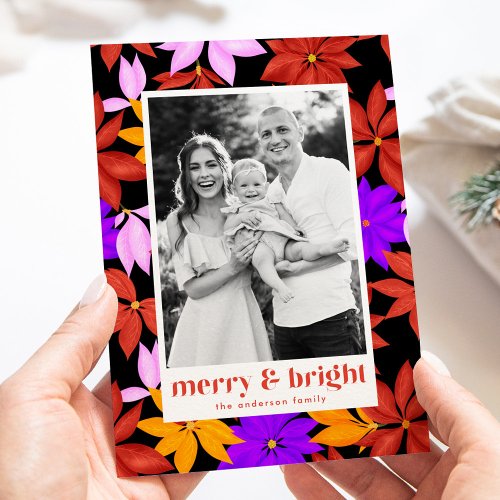Colorful Merry and Bright Poinsettia Black Photo Holiday Card