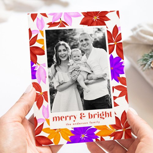 Colorful Merry and Bright Poinsettia Photo Holiday Card