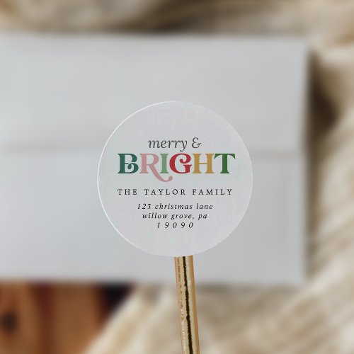 Colorful Merry and Bright Return Address Envelope Classic Round Sticker