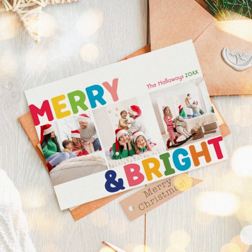 Colorful Merry and Bright Year In Review 3 Photo Holiday Card