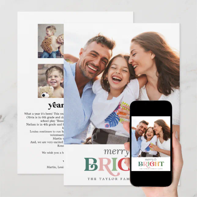 Colorful Merry and Bright Year In Review Portrait Holiday Card