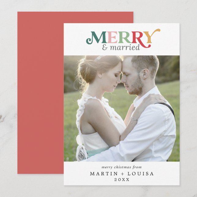 Colorful Merry and Married Newlywed Photo Holiday Card (Front/Back)