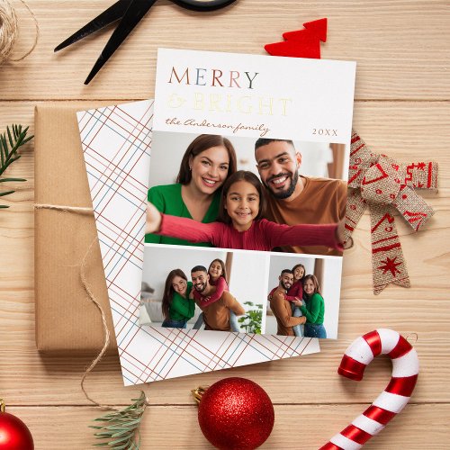Colorful Merry  Bright 3 Photo Collage Christmas Foil Holiday Card