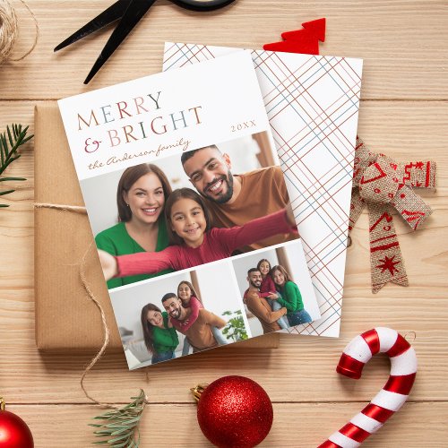 Colorful Merry  Bright 3 Photo Collage Christmas Holiday Card