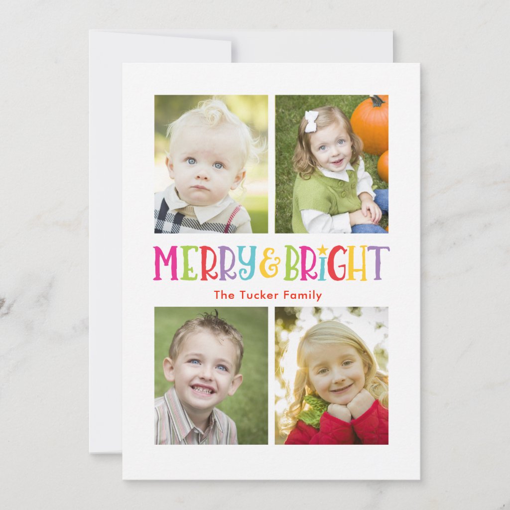 Colorful Merry & Bright Christmas Photo Collage Holiday Card