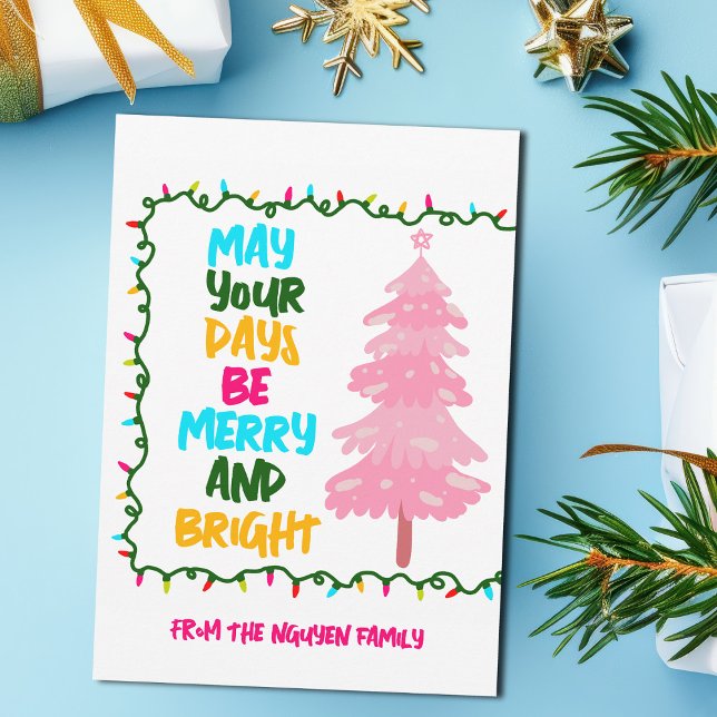 Colorful Merry Bright Pink Christmas Tree Custom Holiday Card (Creator Uploaded)