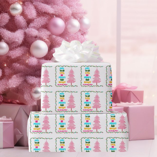 Colorful Merry Bright Pink Christmas Tree Custom Wrapping Paper (Creator Uploaded)